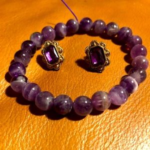 Real amethyst stone bracelet w/ earrings like new